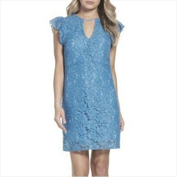 Charles Henry Dresses & Skirts - CHARLES HENRY NEW Ruffle Sleeve Lace Sheath Dress Blue Regatta Small